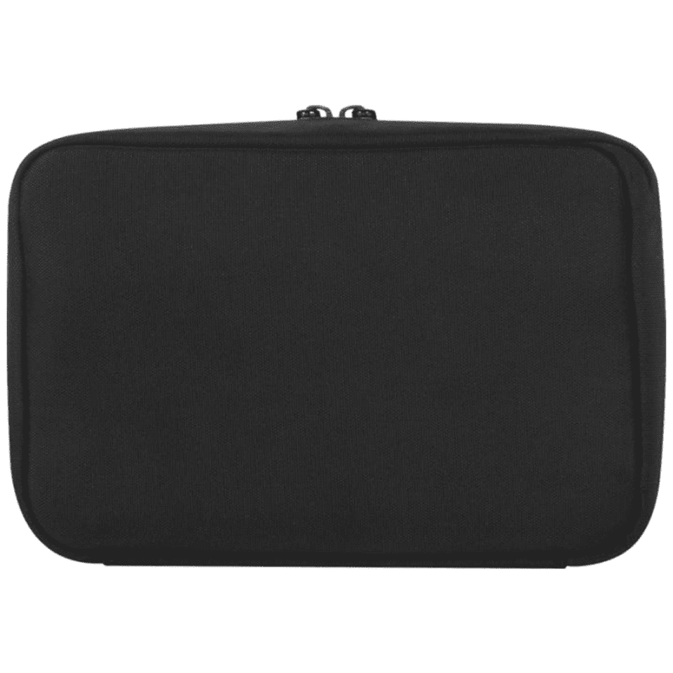 A black recycled organiser pouch with a zip closure and a simple, sleek design. It has a branding logo.