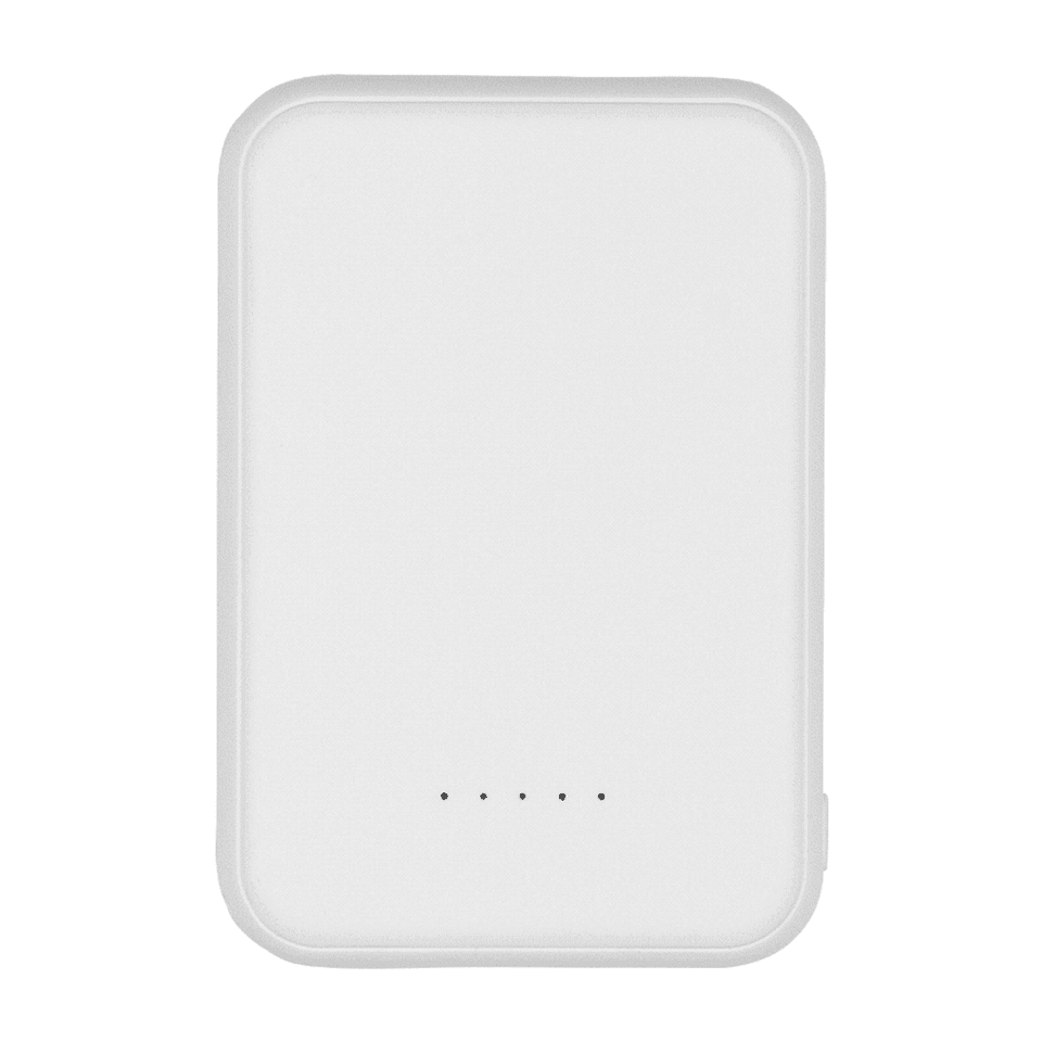 A white magnetic power bank with a sleek design and four indicator lights. It has a branding logo on the surface.