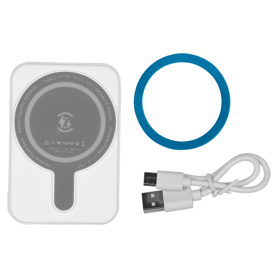 A white magnetic power bank with a grey centre, a blue ring, and a white USB-C cable beside it.