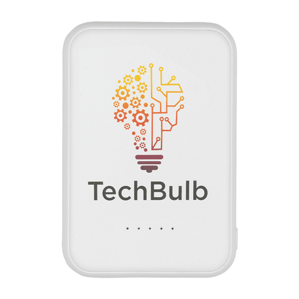 A white power bank with a colourful light bulb graphic and branding. Features a slim design for portability.