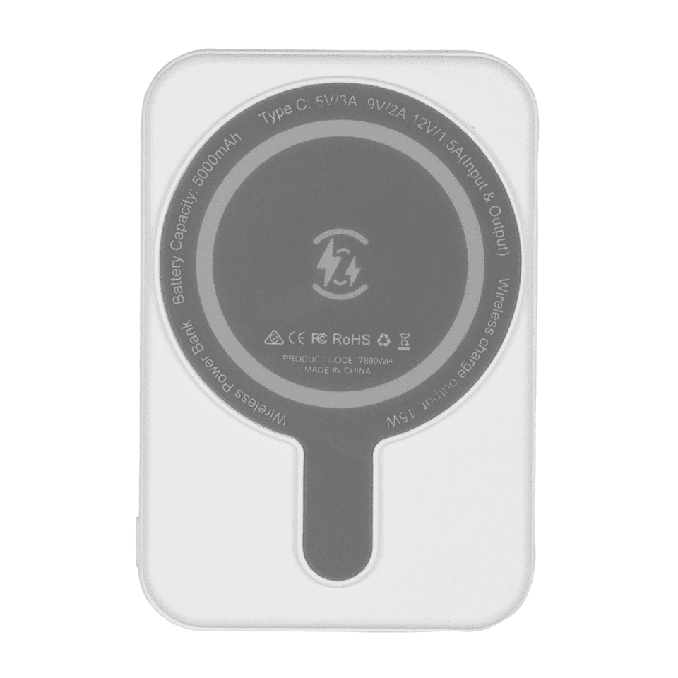 A white magnetic power bank with a circular design, featuring a Type C port and wireless charging capability.