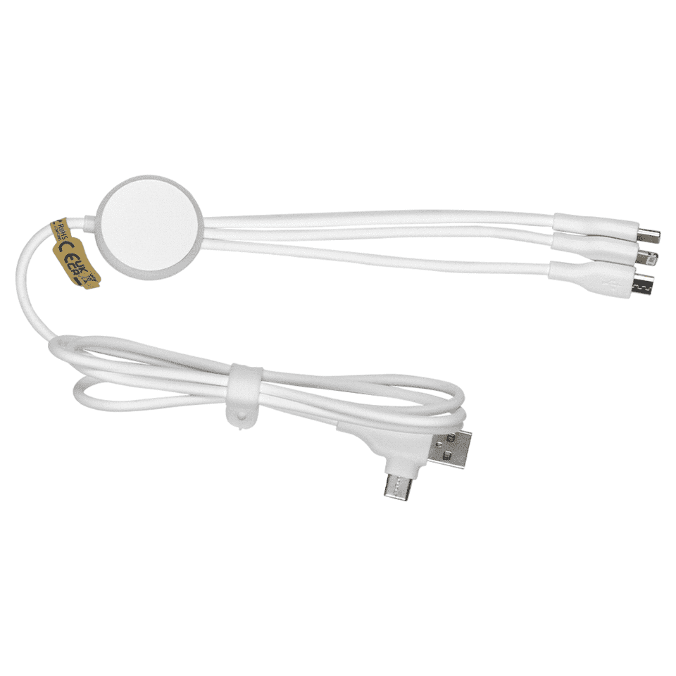 A white 120cm recycled 6-in-1 charging cable with multiple connectors and a circular hub.