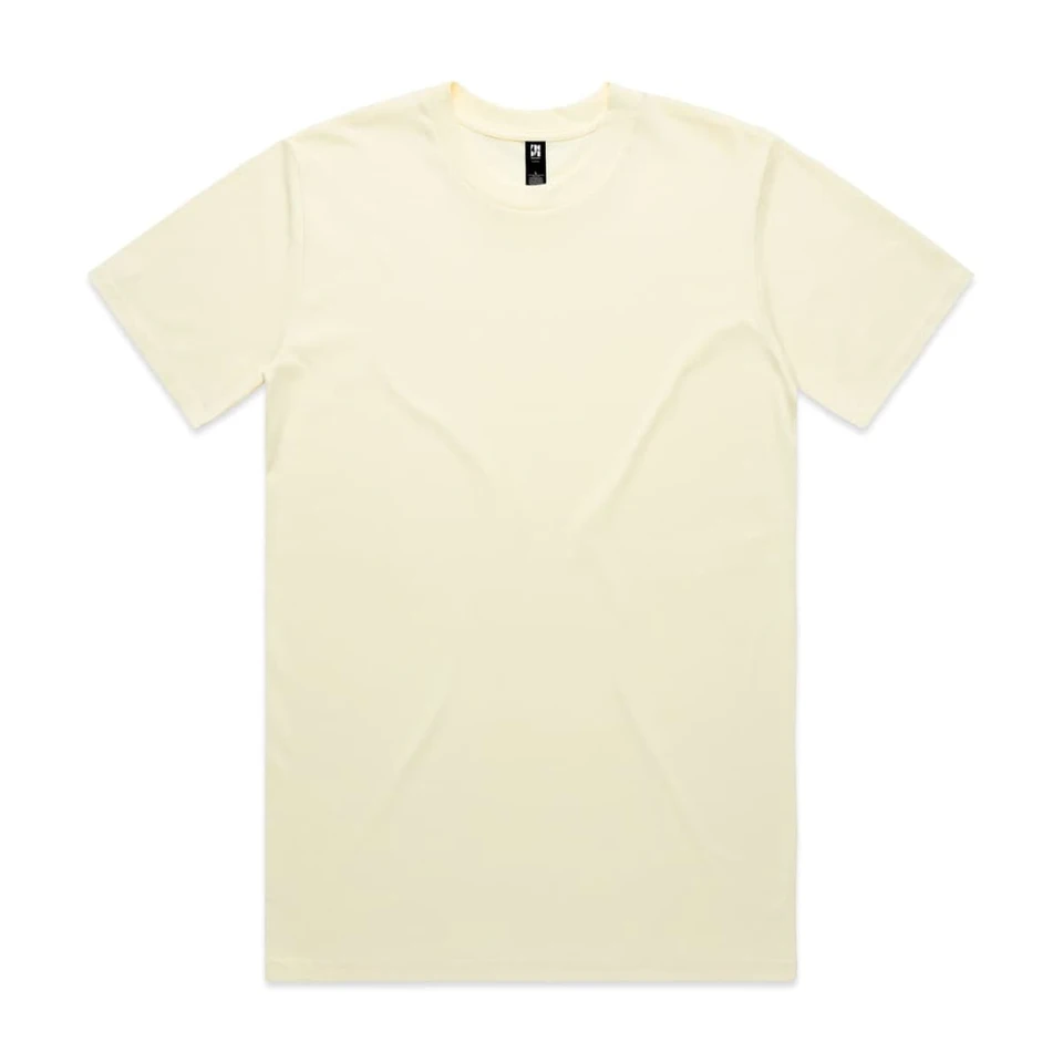 A plain yellow t-shirt featuring a crew neckline and short sleeves, with a logo at the neckline.