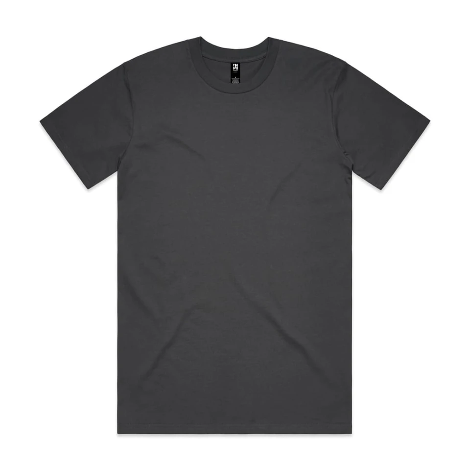 A dark grey classic tee with short sleeves and a round neckline. The shirt features a logo.