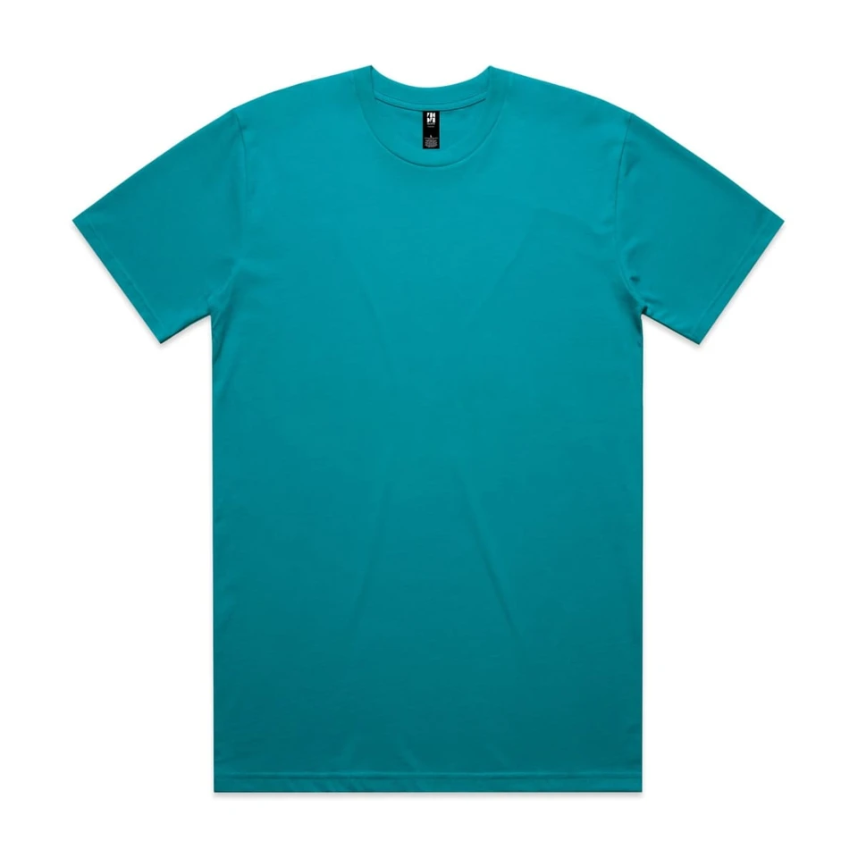 A teal classic tee displayed flat, featuring a round neckline and short sleeves. The shirt includes a logo tag.