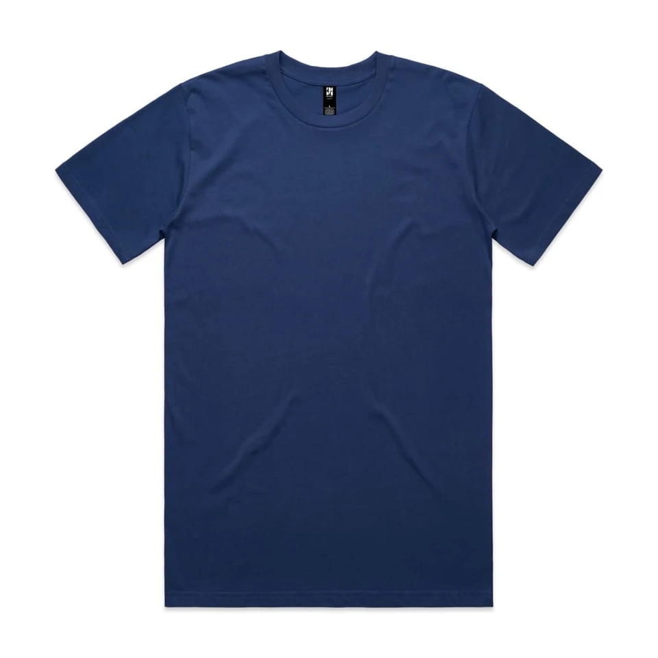 A navy blue classic T-shirt with a round neckline and short sleeves, featuring a logo.