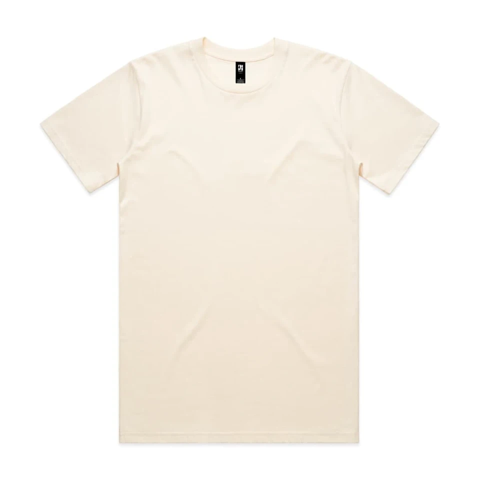 A cream-coloured classic t-shirt with a round neck and short sleeves, featuring a logo.