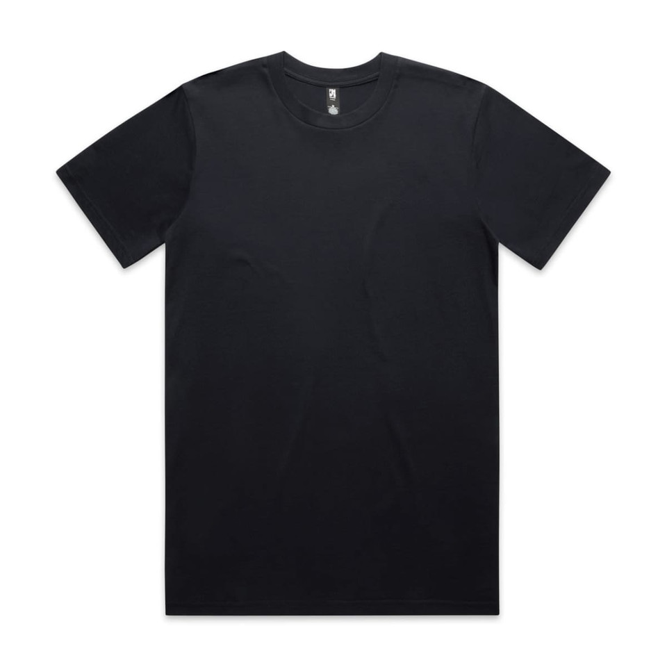 A black classic t-shirt with a round neckline, featuring a label and a minimalist design.