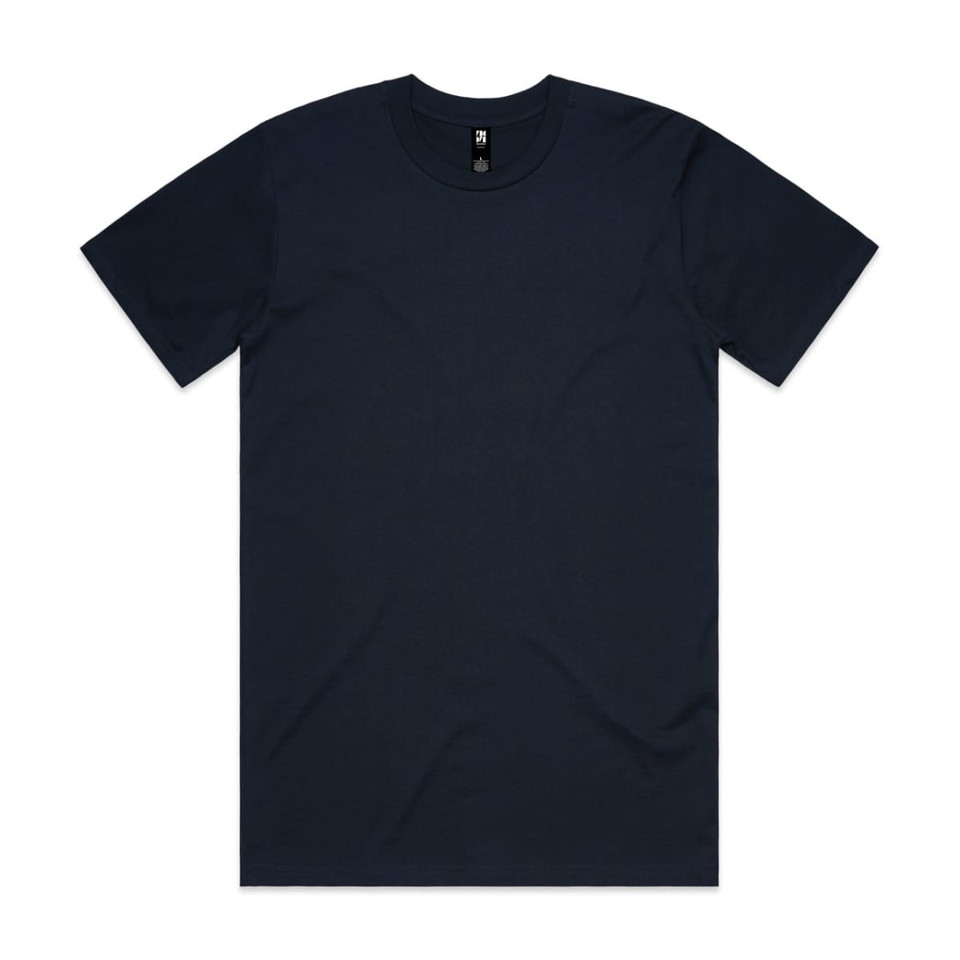 A navy classic tee featuring a round neck and short sleeves. It has a logo on the label.