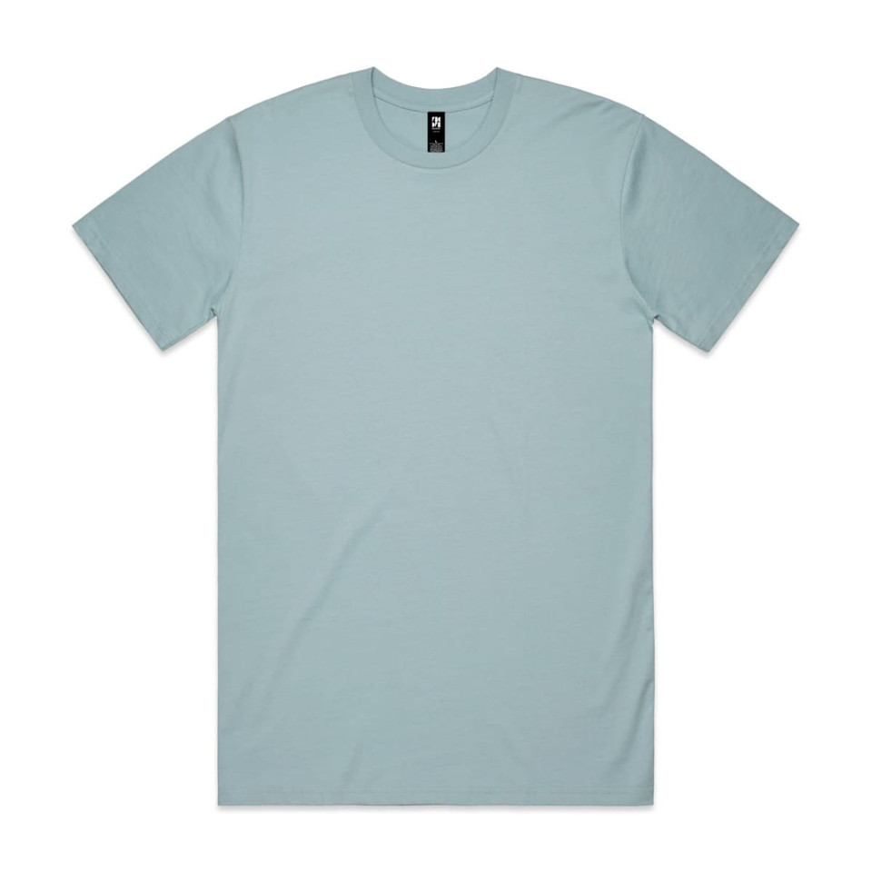 A light blue classic T-shirt with short sleeves and a round neckline. It features a logo on the inside label.