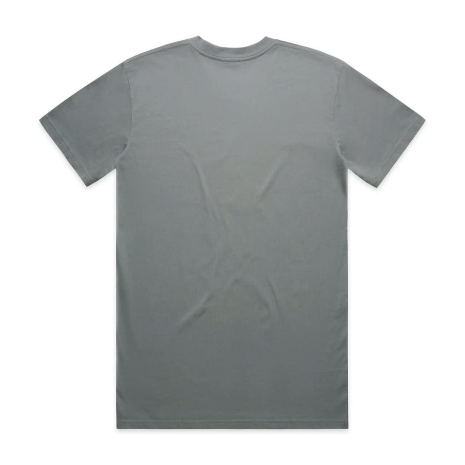A plain grey t-shirt featuring a crew neck and short sleeves, with a branding logo on the label.