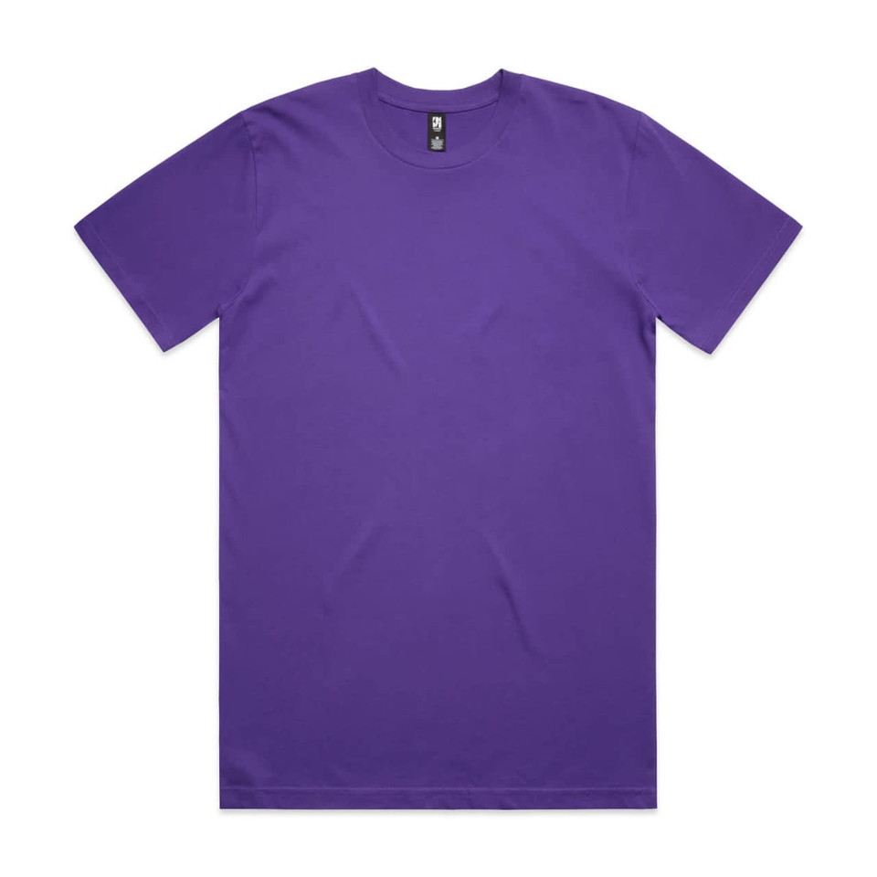 A plain purple T-shirt with a round neck and short sleeves, featuring a logo at the neckline.