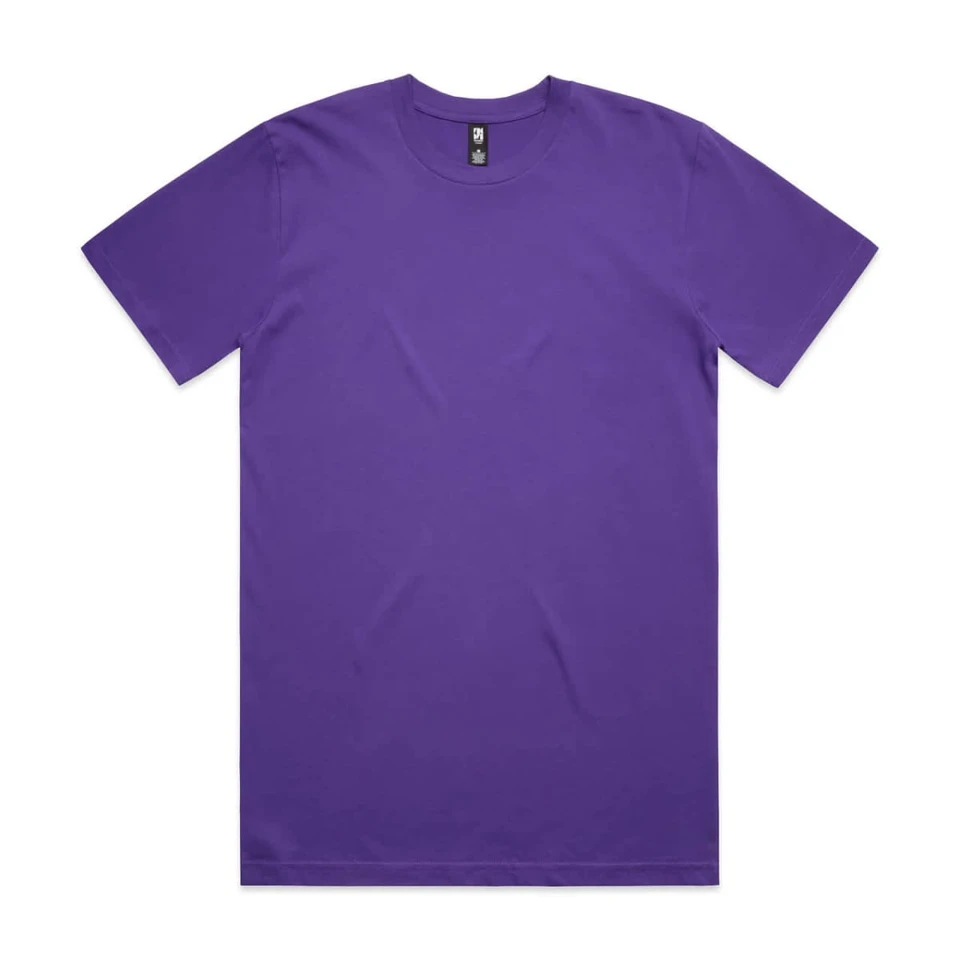 A plain purple T-shirt with a round neck and short sleeves, featuring a logo at the neckline.