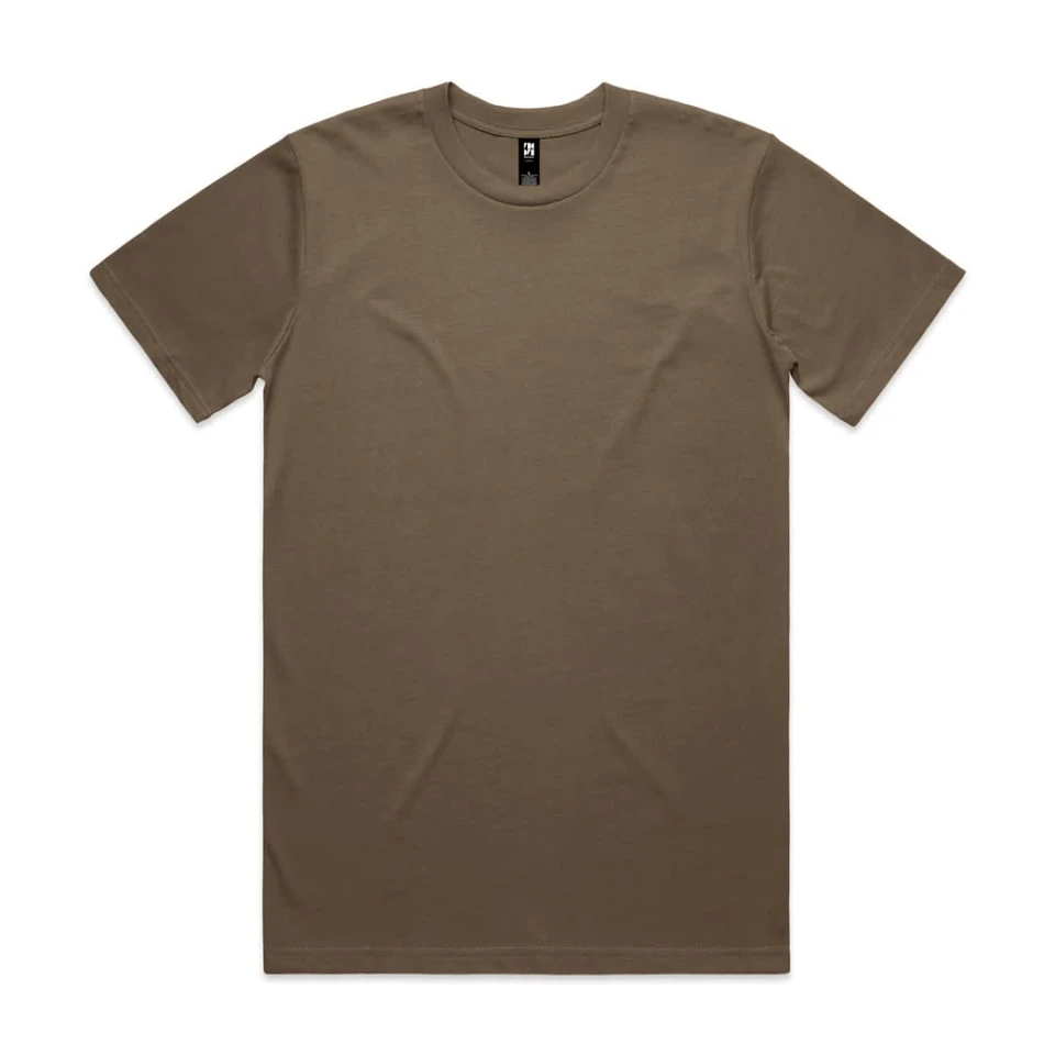 A brown Classic Tee, short-sleeved, featuring a label and a plain design. Ideal for casual wear.