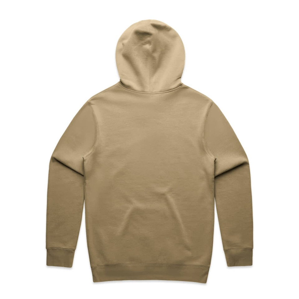 A tan hoodie featuring a hood and long sleeves, displayed from the back. It has a logo on the garment.
