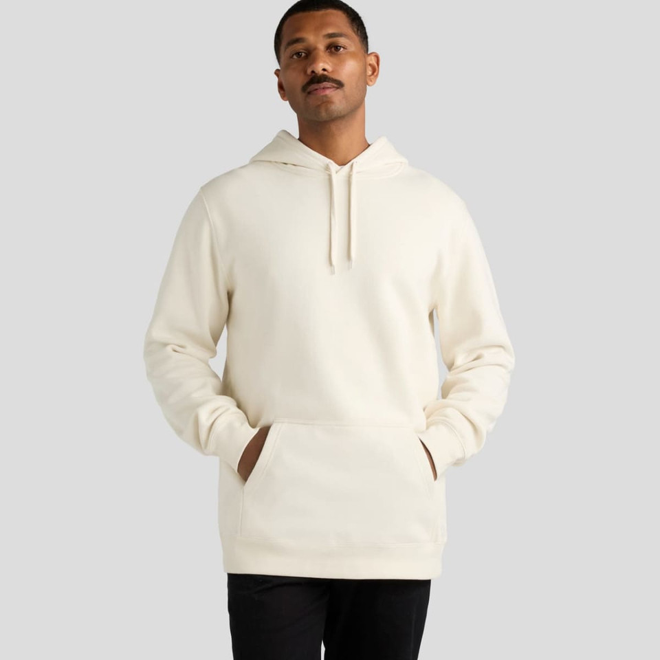 A cream-coloured hoodie with a front pocket and a drawstring hood, featuring a logo.