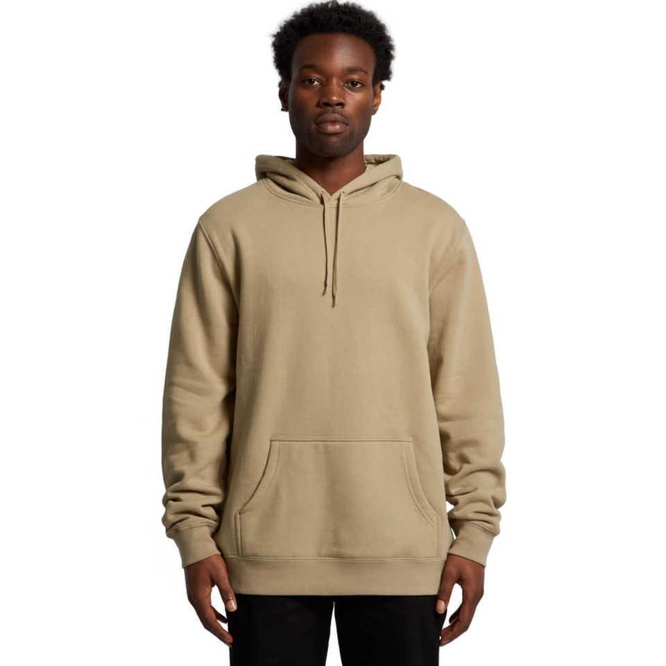 A beige hoodie with a front pocket and drawstring hood, featuring a logo on the chest.