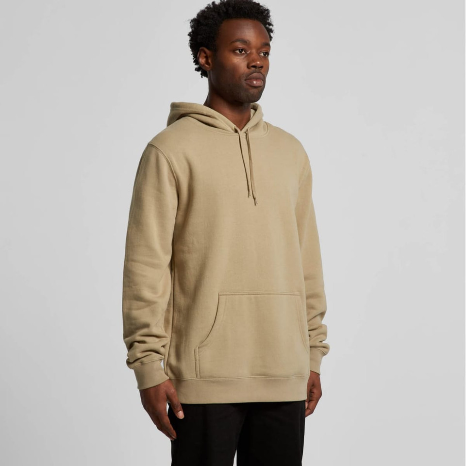 A beige hoodie featuring a front pocket and a hood, with a branding logo visible on the garment.