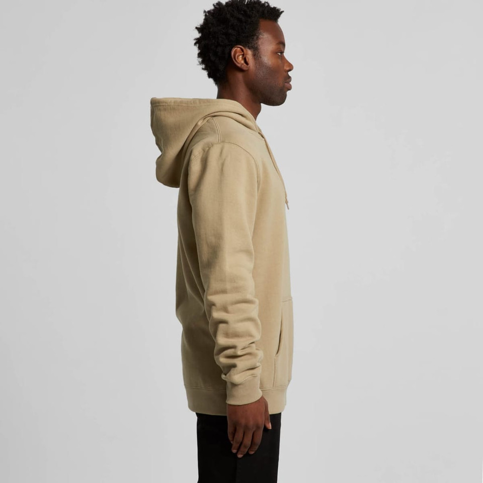A beige hoodie with a drawstring hood and a kangaroo pocket, shown from the side. It has a logo on it.