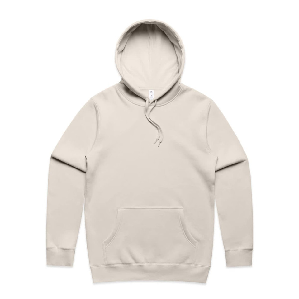A beige hoodie with a front pocket and a drawstring hood, featuring a logo on one side.