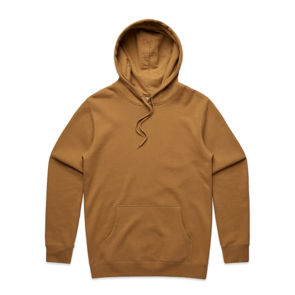 A brown hoodie with a front pocket and an adjustable hood, featuring a logo.