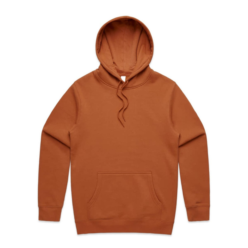 A brown hoodie with a kangaroo pocket and a drawstring hood, featuring a logo on the garment.