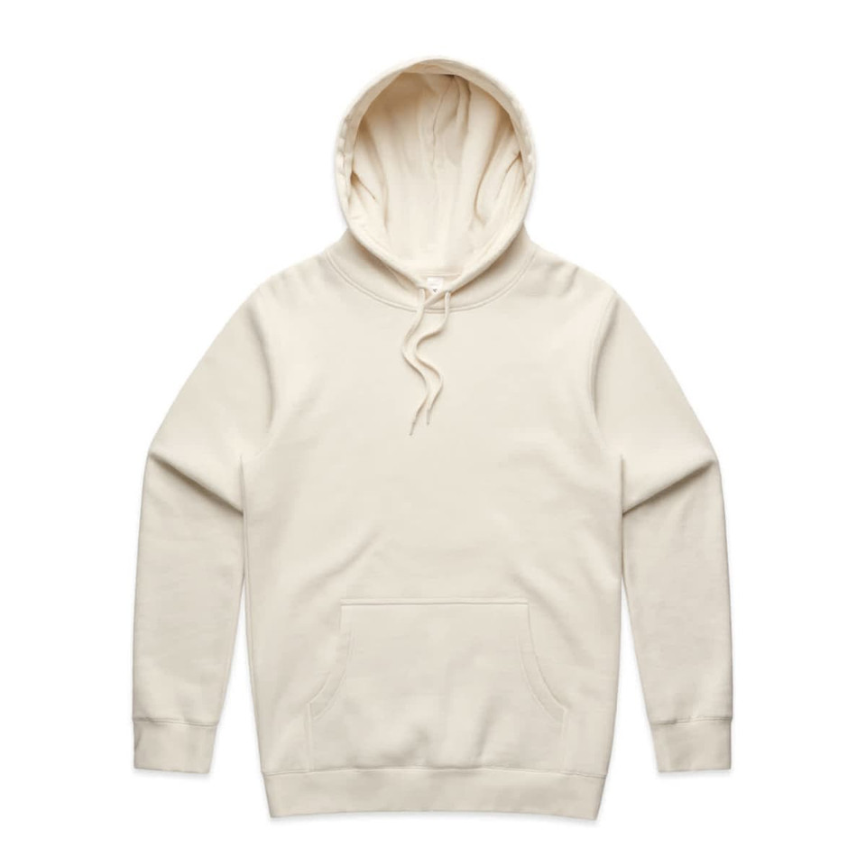 A light cream hoodie featuring a front pocket and a drawstring hood. The garment has a subtle logo on it.