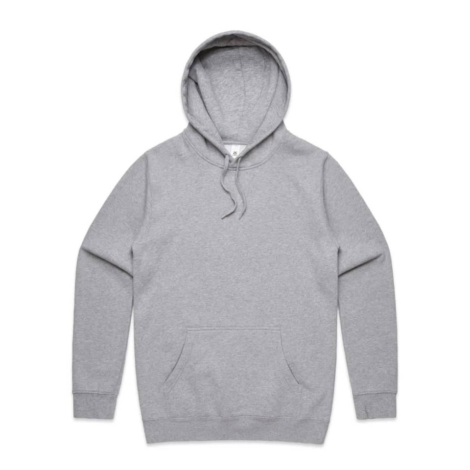 A grey hoodie with a drawstring hood and a front pocket, featuring branding.