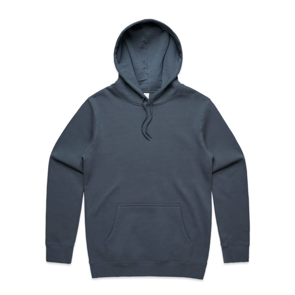 A grey hoodie featuring a front pocket and a drawstring hood. The product includes a logo.