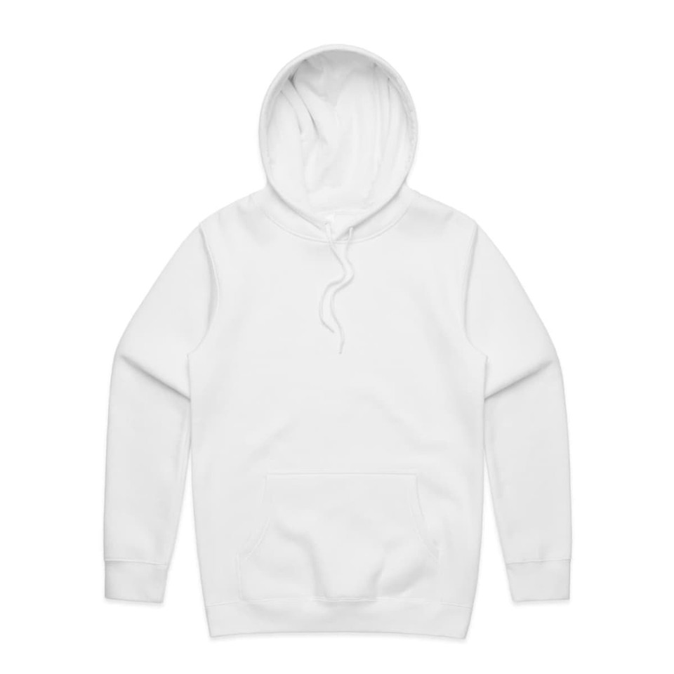 A white hoodie with a front pouch pocket and a drawstring hood. It features a logo on the front.