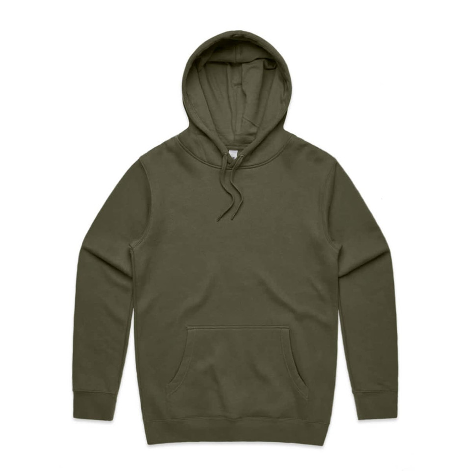 An olive green hoodie with a front pocket and a drawstring hood, featuring a logo.