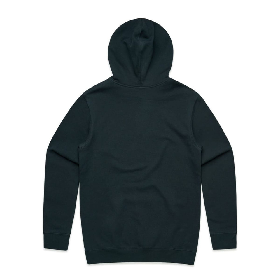 A dark green hoodie with a hood, featuring long sleeves and a simple design. It has a logo on the back.