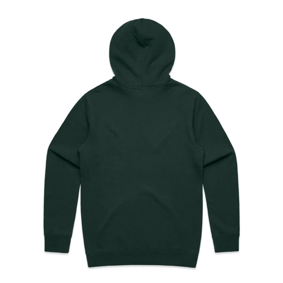 A dark green hoodie with a hood, featuring a plain back. It has a logo on it.