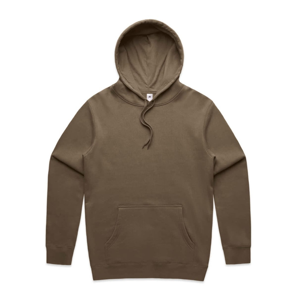 A brown hoodie featuring a front pocket and a drawstring hood. It has a branding logo.