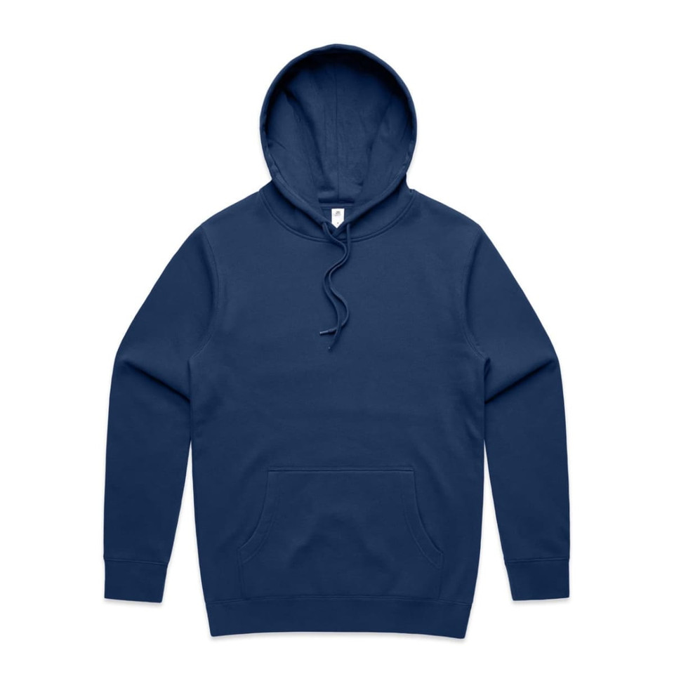 A navy blue hoodie with a front pocket and a hood, featuring a logo on the inside label.