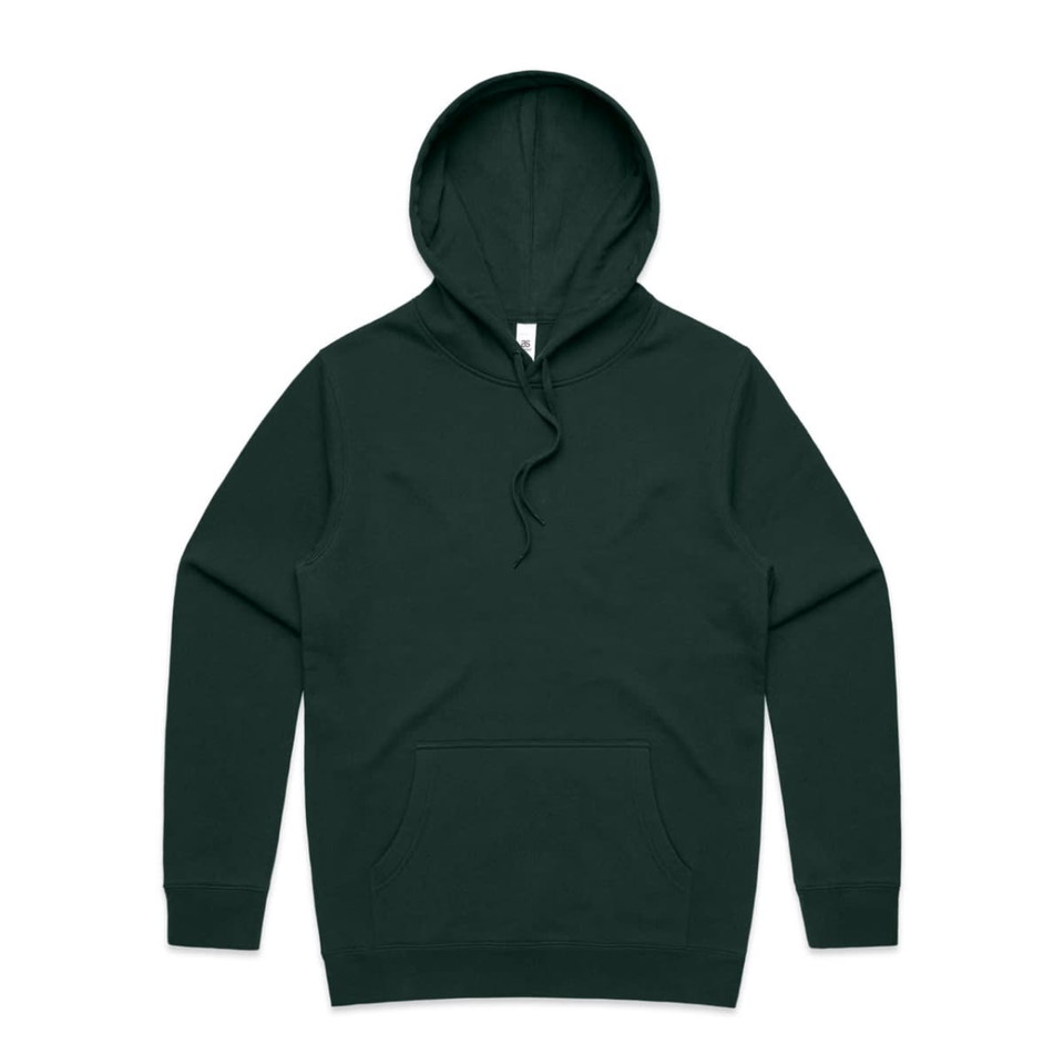 A dark green hoodie with a front pocket and a drawstring hood. It features a small logo on the label.