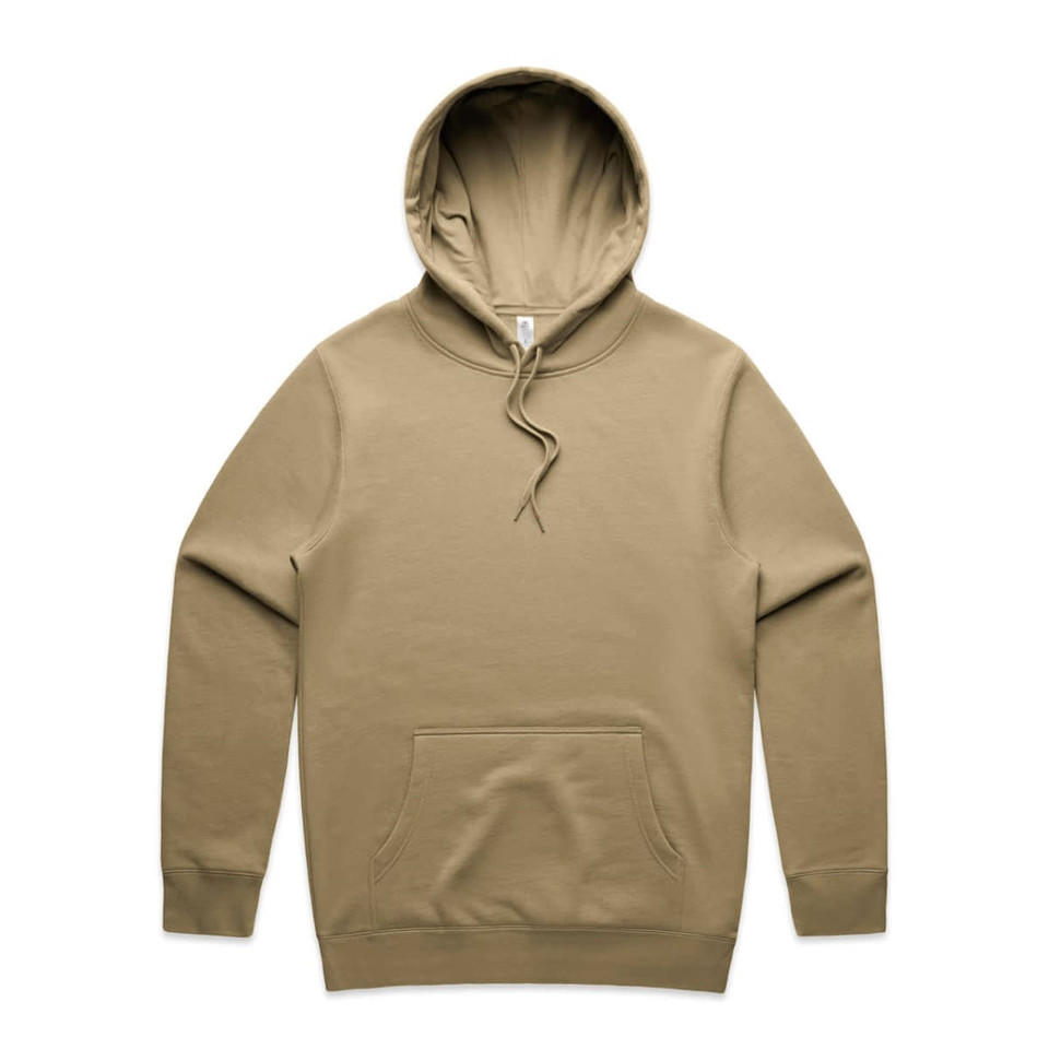 A tan hoodie featuring a kangaroo pocket and an adjustable drawstring hood, with a logo present.