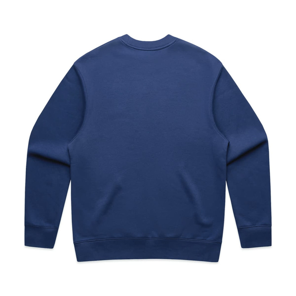 A navy blue sweater with long sleeves and a round neckline, featuring a plain back and ribbed cuffs.