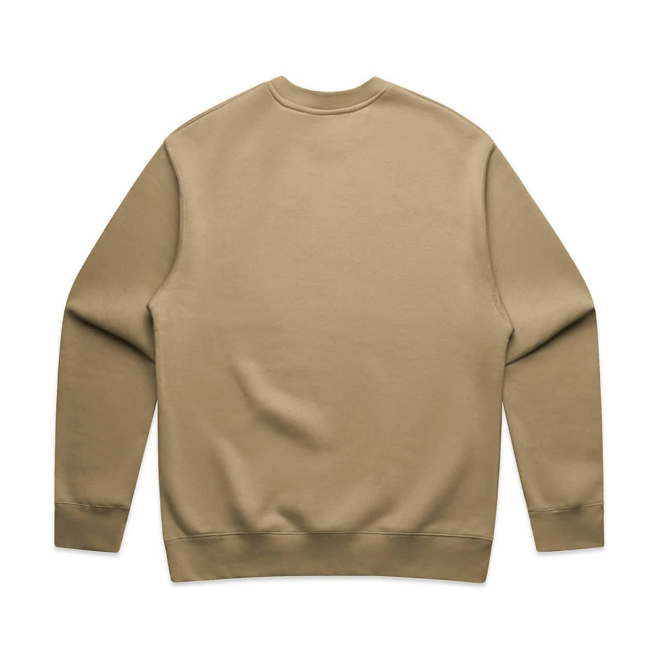 A tan-coloured sweater with a plain back and long sleeves, featuring a logo on the inner neck area.