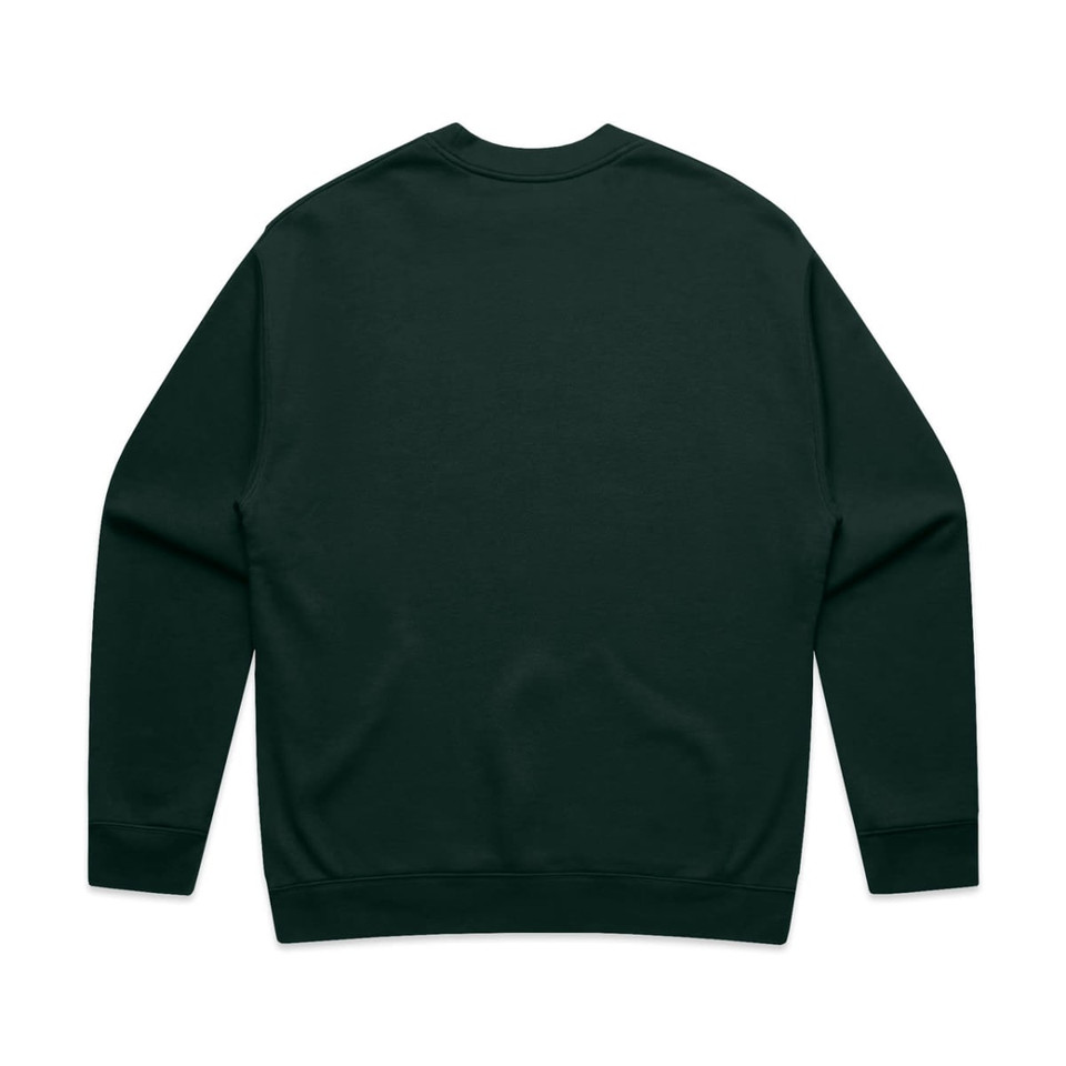 A dark green sweater with long sleeves and a crew neck, featuring a logo on the back.