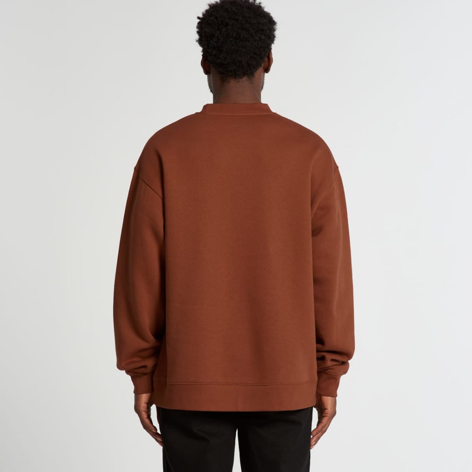 A brown sweater with a relaxed fit and long sleeves, featuring a logo on the back.
