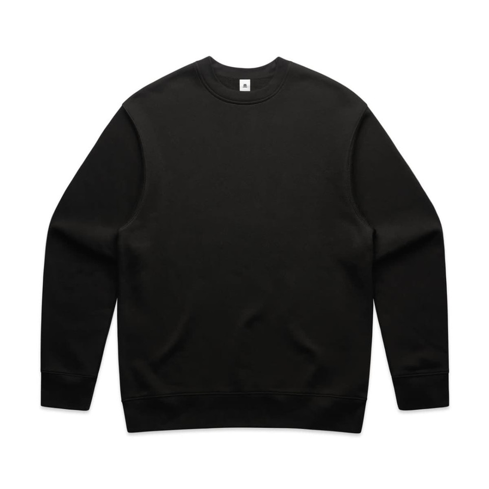 A black jumper featuring a classic crew neck design and long sleeves. It has a logo on the inside.