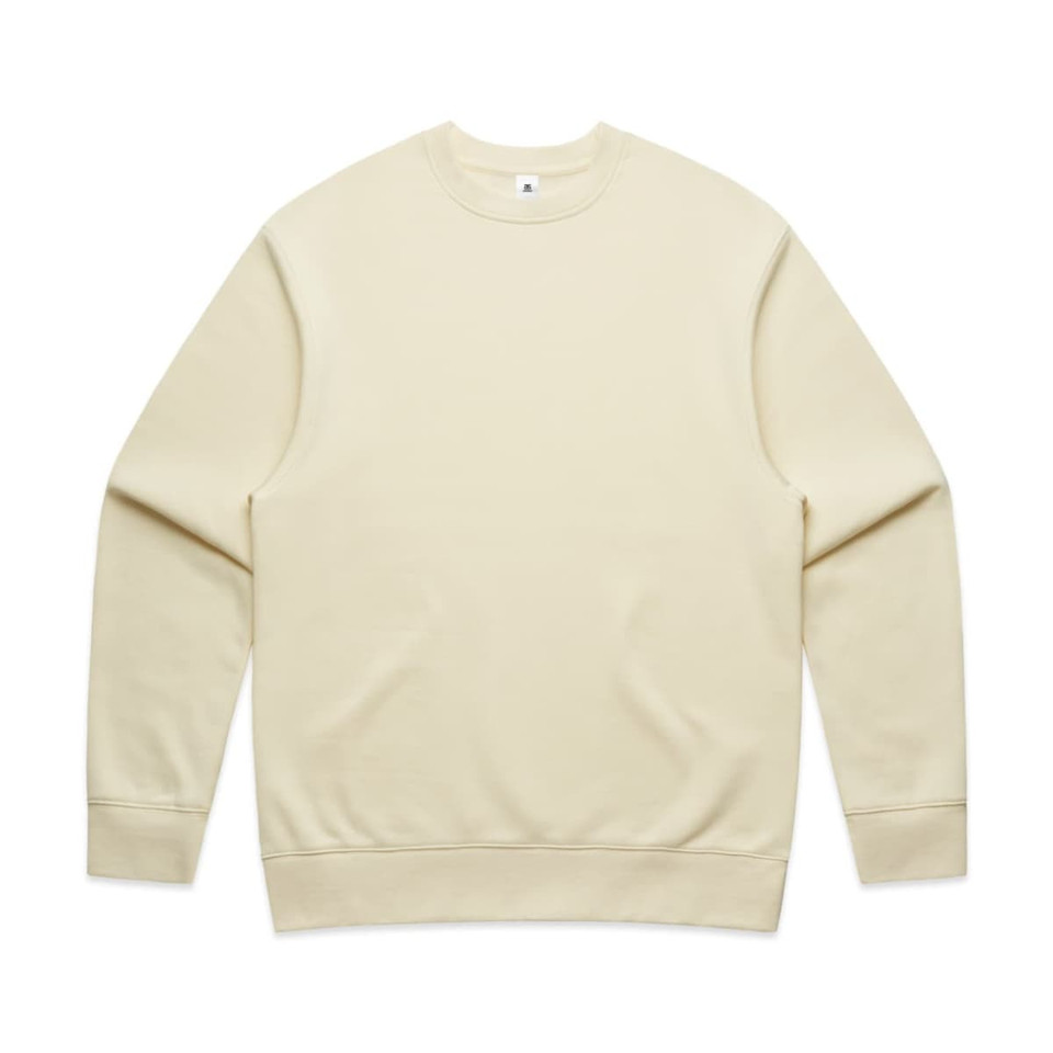 A beige jumper featuring a crew neck design and long sleeves, with a logo on the front.