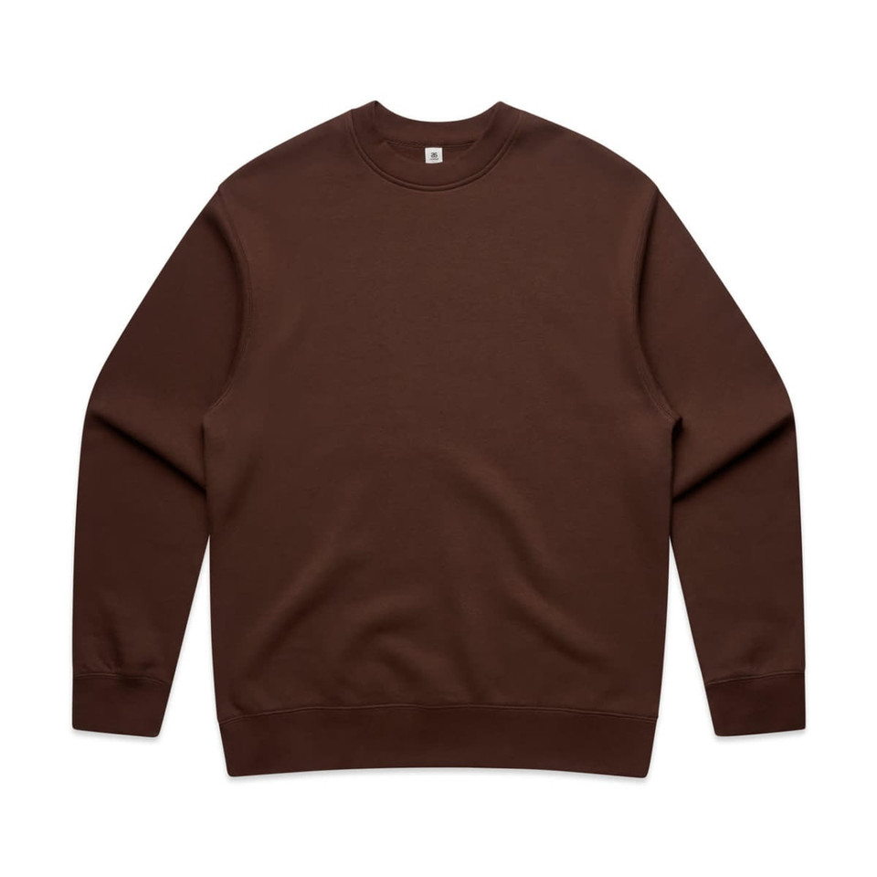A brown sweater with long sleeves and a round neckline, featuring a logo on the inside label.