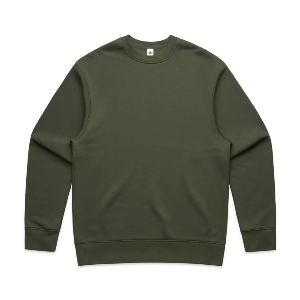 A green sweater with a crew neck and long sleeves, featuring a logo on the neckline.