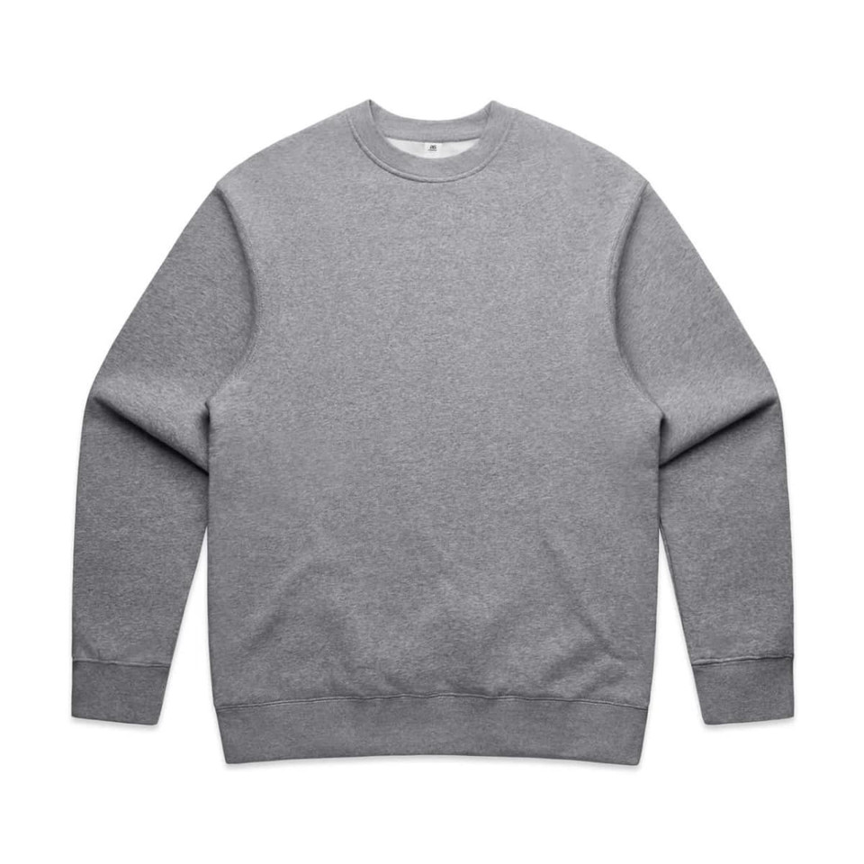 A grey jumper with long sleeves and a crew neck. It features a logo on its front.