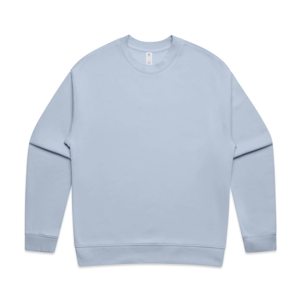 A light blue sweater featuring a round neckline and long sleeves, with a small logo on the label.