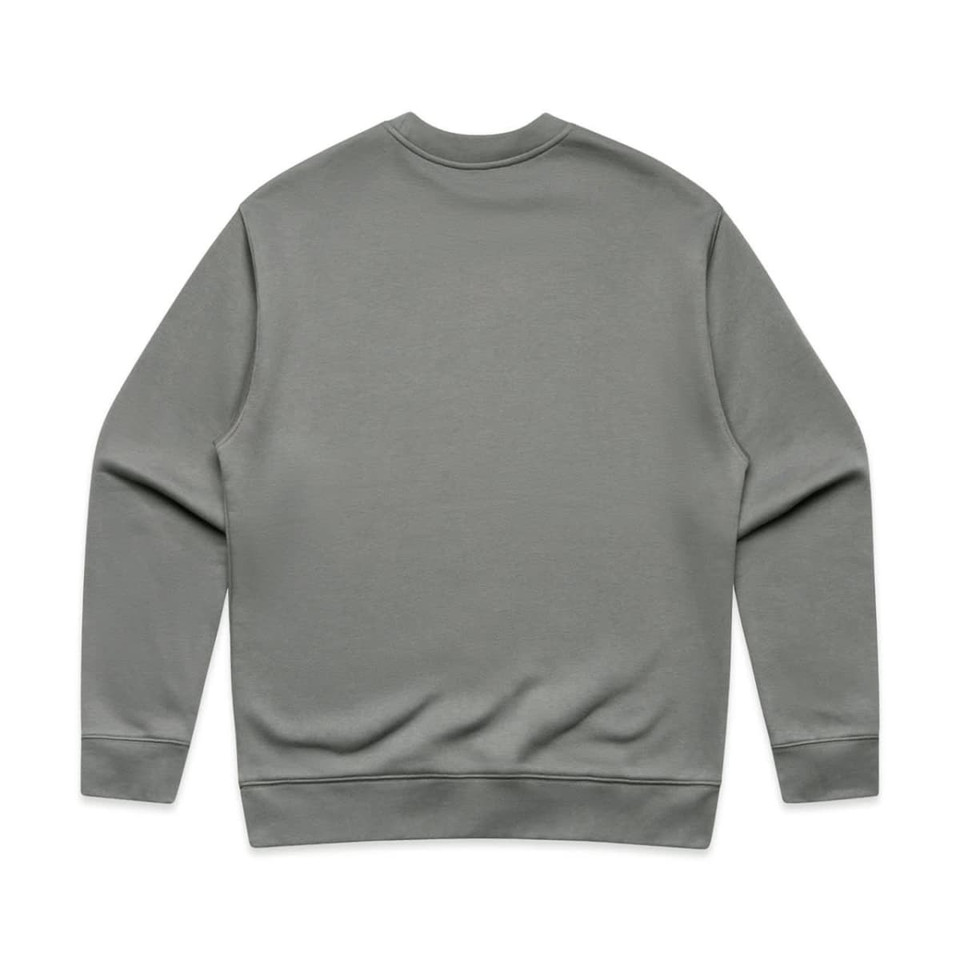 A grey jumper with a round neck and long sleeves, featuring a plain back and cuffed hems.