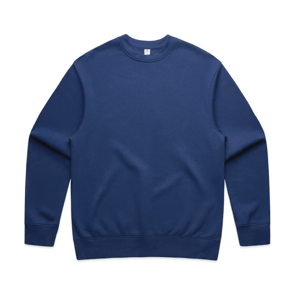 A navy blue sweater with long sleeves and a crew neckline, featuring a logo on the inside tag.
