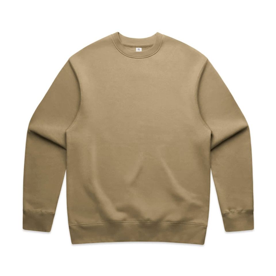 A beige sweater with a rounded neckline and long sleeves. The sweater has a logo on it.